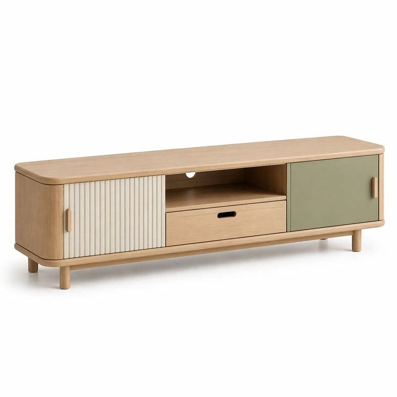 Mueble TV madera natural con combinacion beige y verde-selviao